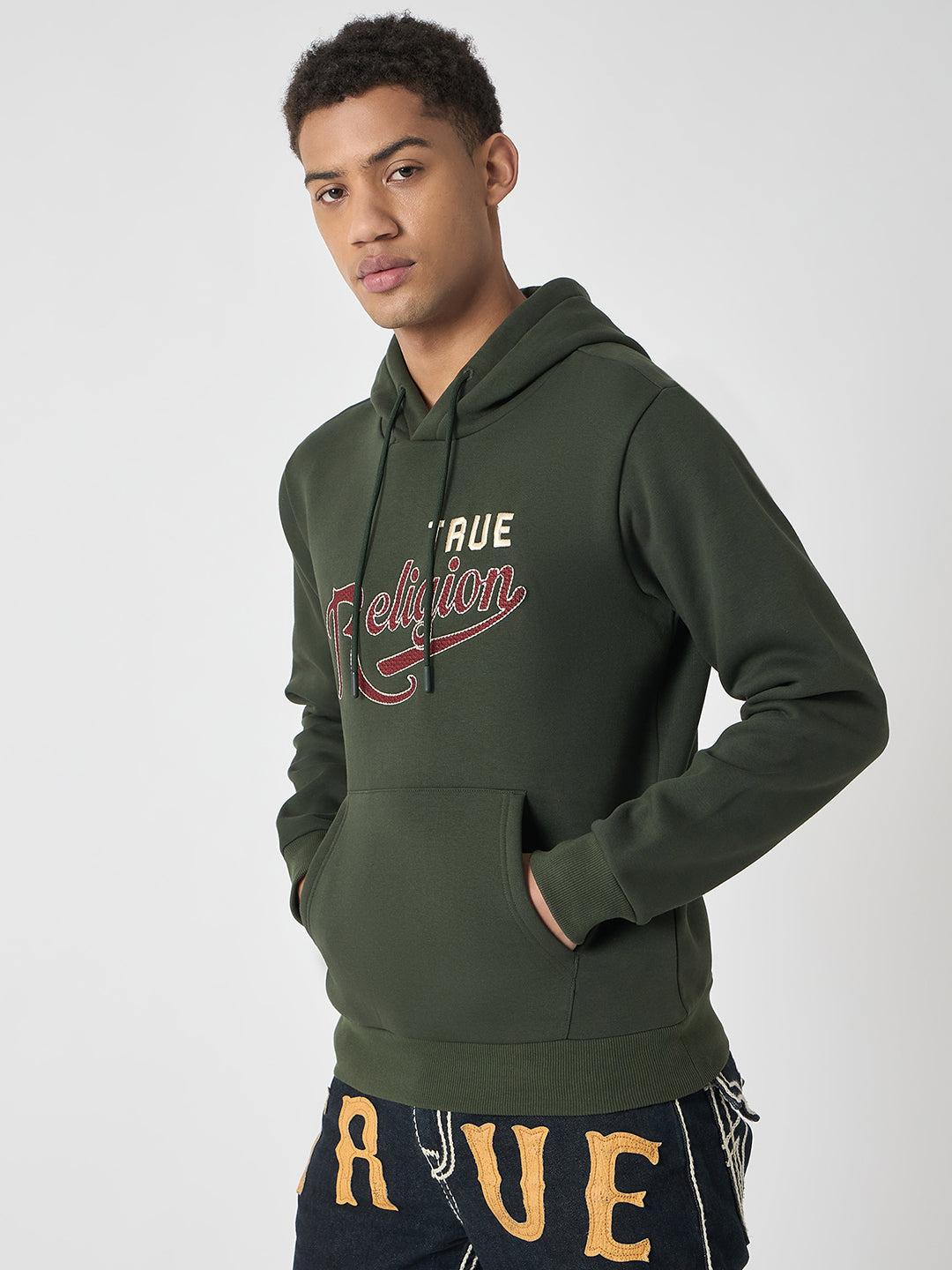 True Religion Men Green Embroidered Hooded Full Sleeves Sweatshirt