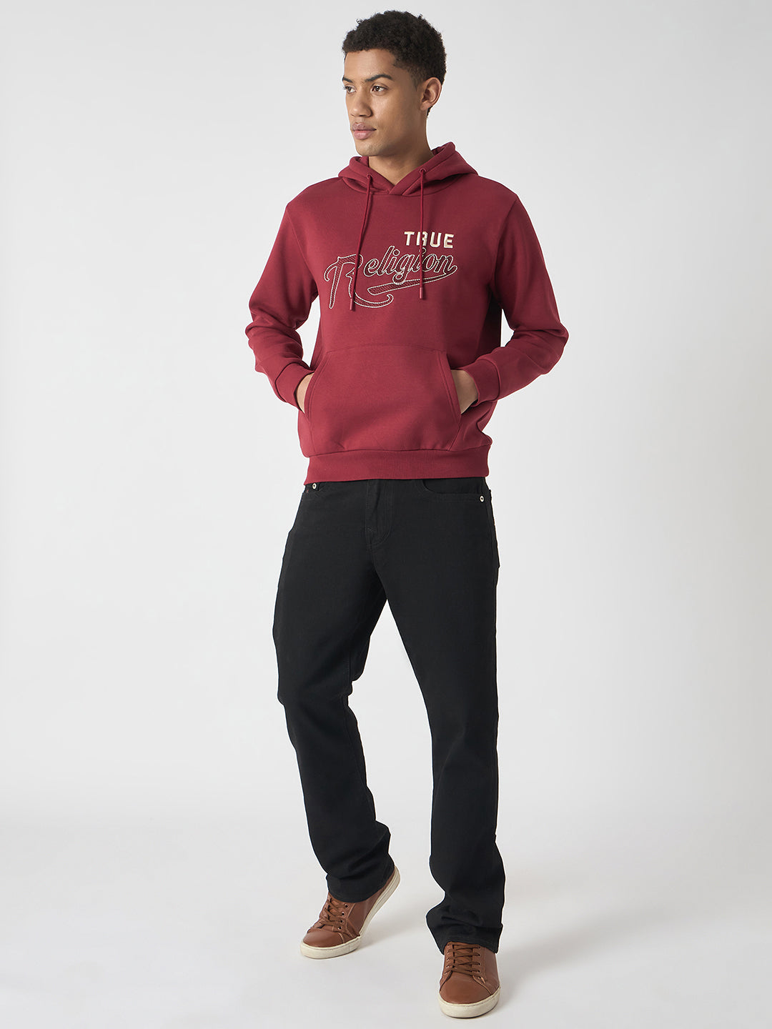 True Religion Men Red Embroidered Hooded Full Sleeves Sweatshirt