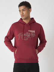 True Religion Men Red Embroidered Hooded Full Sleeves Sweatshirt