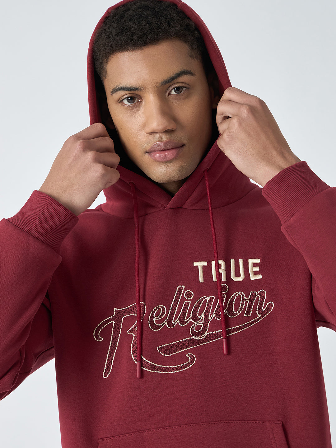 True Religion Men Red Embroidered Hooded Full Sleeves Sweatshirt