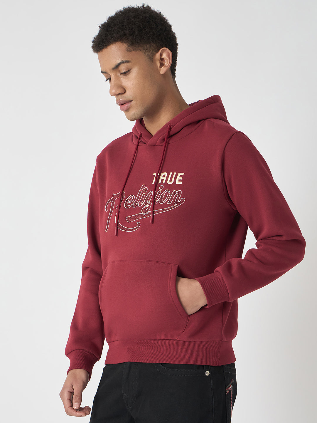 True Religion Men Red Embroidered Hooded Full Sleeves Sweatshirt