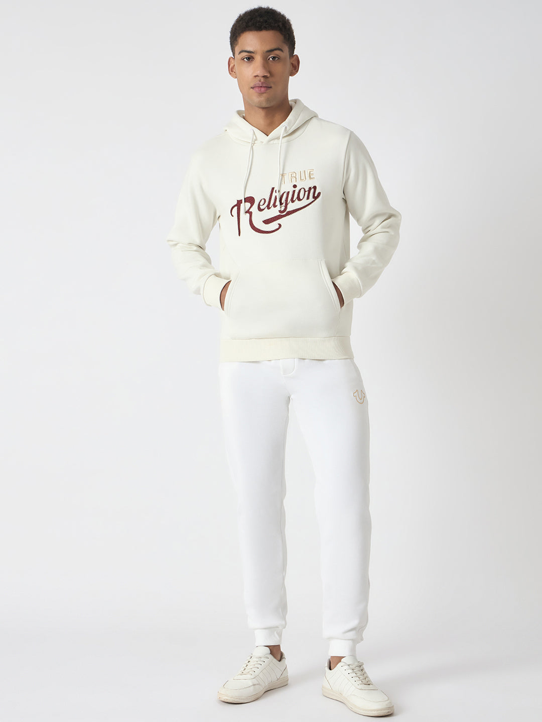 True Religion Men White Embroidered Hooded Full Sleeves Sweatshirt