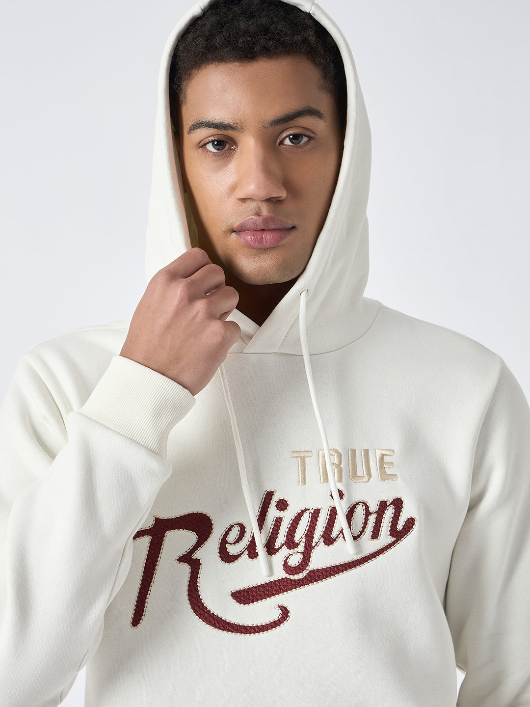 True Religion Men White Embroidered Hooded Full Sleeves Sweatshirt
