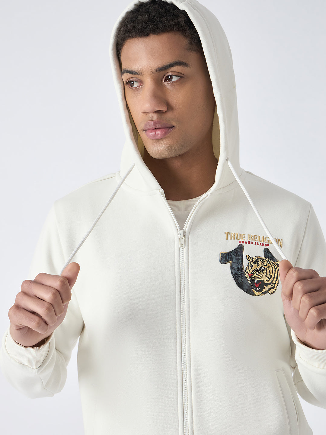 True Religion Men White Solid Hooded Full Sleeves Sweatshirt