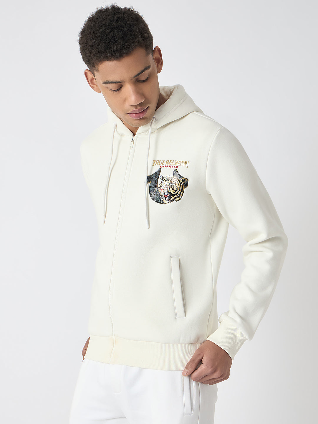 True Religion Men White Solid Hooded Full Sleeves Sweatshirt