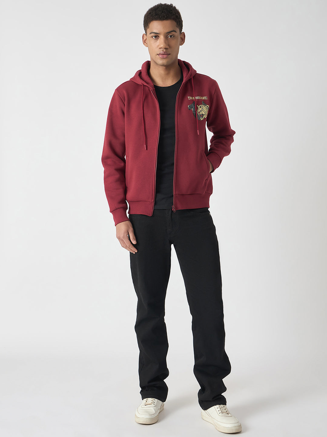 True Religion Men Red Solid Hooded Full Sleeves Sweatshirt