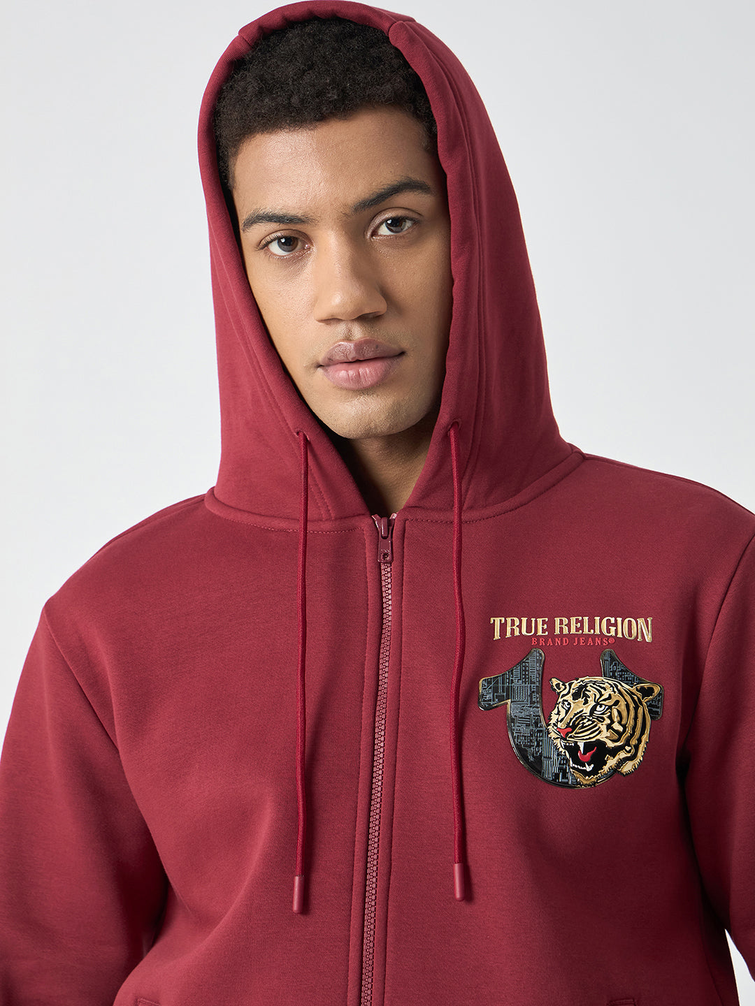True Religion Men Red Solid Hooded Full Sleeves Sweatshirt