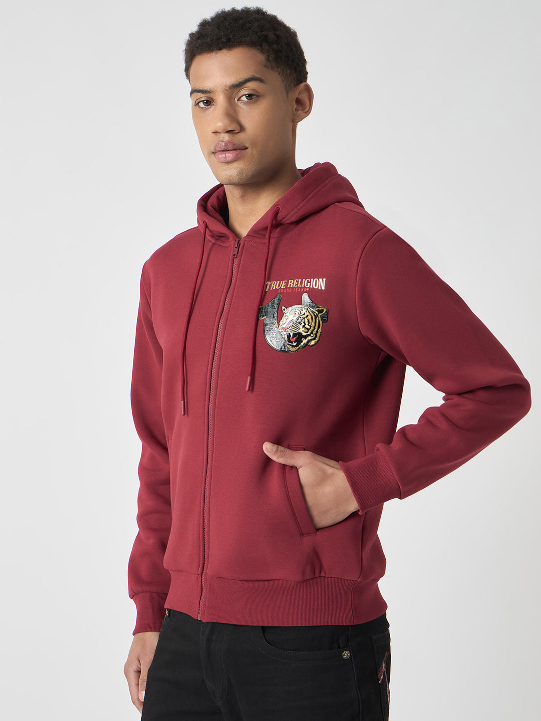 True Religion Men Red Solid Hooded Full Sleeves Sweatshirt