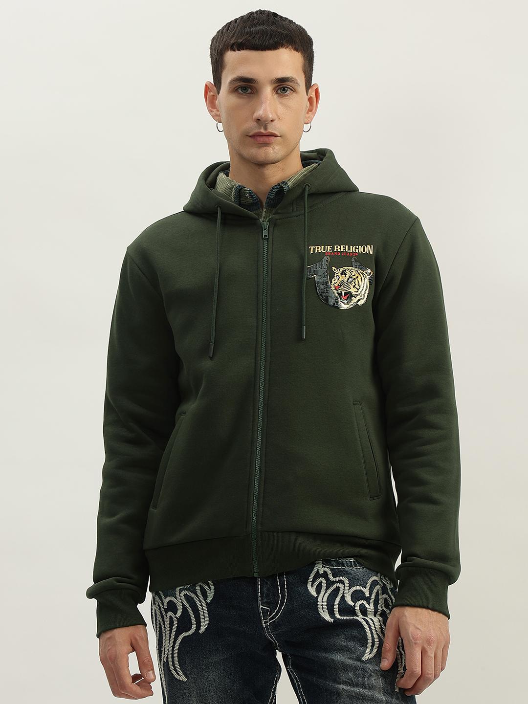 Men green solid hooded full sleeves sweatshirt