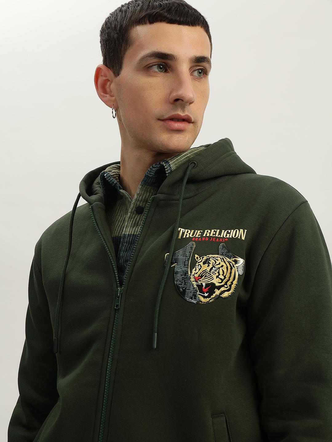 Men green solid hooded full sleeves sweatshirt