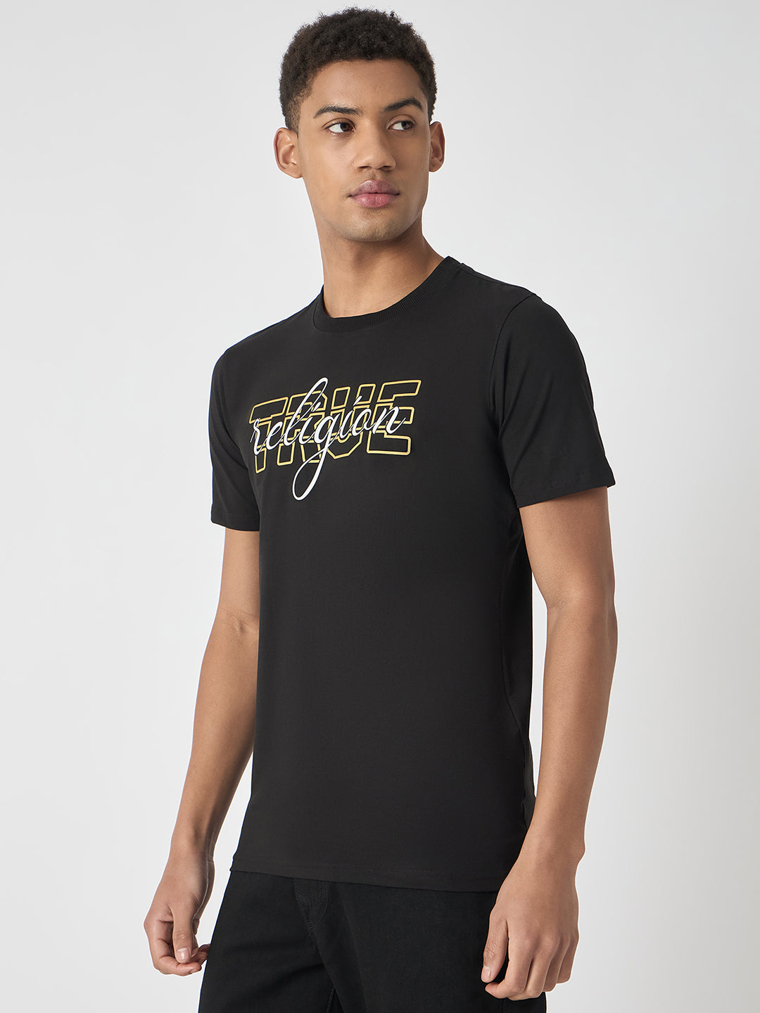 True Religion Men Black Printed Round Neck Short Sleeves Tshirt