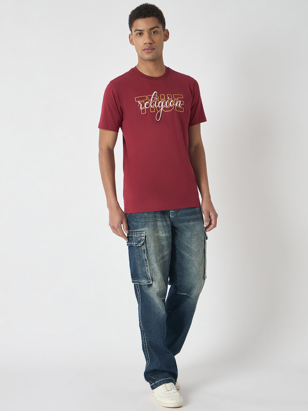 True Religion Men Red Printed Round Neck Short Sleeves Tshirt