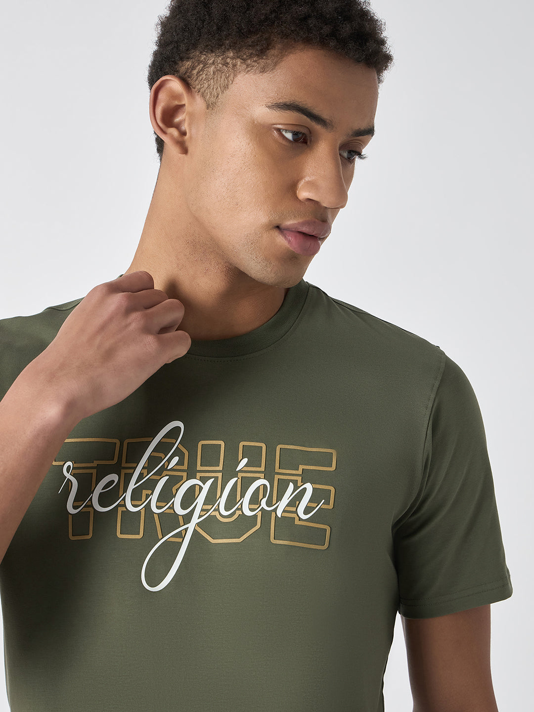 True Religion Men Green Printed Round Neck Short Sleeves Tshirt