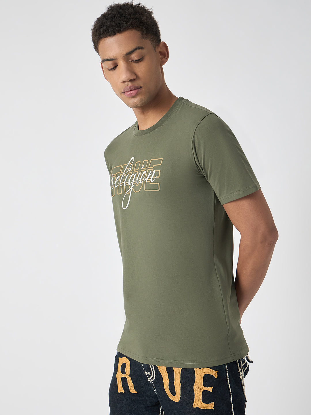 True Religion Men Green Printed Round Neck Short Sleeves Tshirt