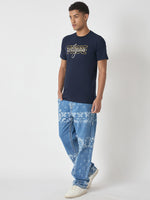 True Religion Men Navy Blue Printed Round Neck Short Sleeves Tshirt