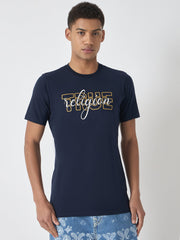 True Religion Men Navy Blue Printed Round Neck Short Sleeves Tshirt