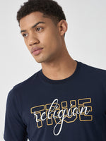 True Religion Men Navy Blue Printed Round Neck Short Sleeves Tshirt