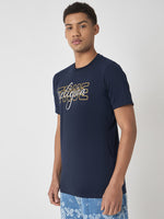 True Religion Men Navy Blue Printed Round Neck Short Sleeves Tshirt