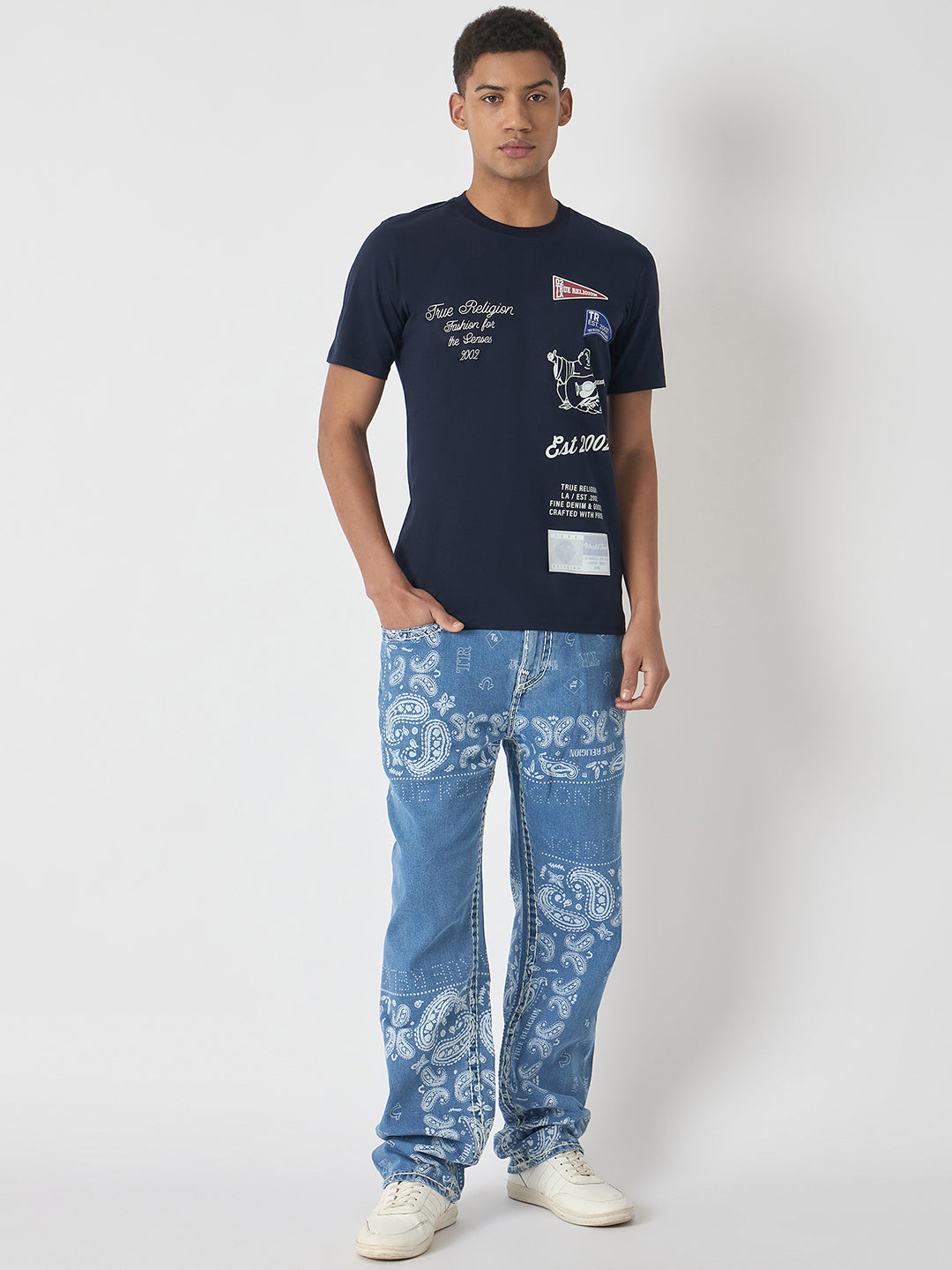 True Religion Men Navy Blue Printed Round Neck Short Sleeves Tshirt