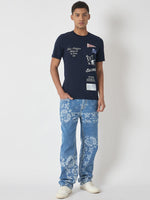 True Religion Men Navy Blue Printed Round Neck Short Sleeves Tshirt