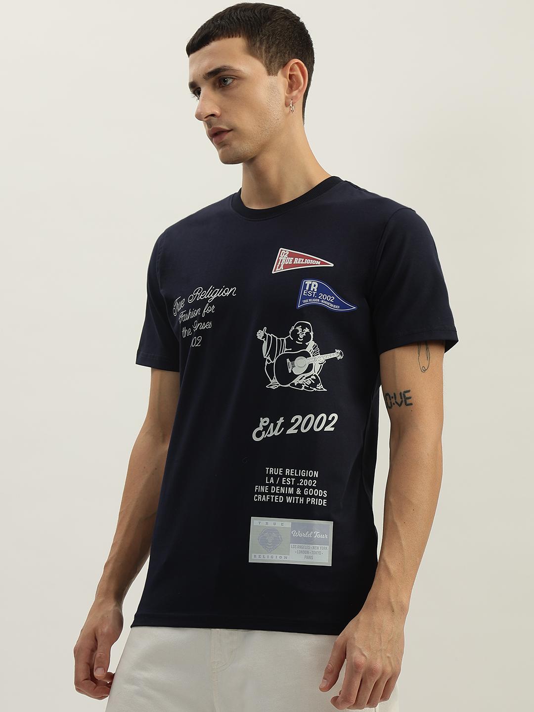 True Religion Men Navy Blue Printed Round Neck Short Sleeves Tshirt
