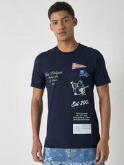 True Religion Men Navy Blue Printed Round Neck Short Sleeves Tshirt