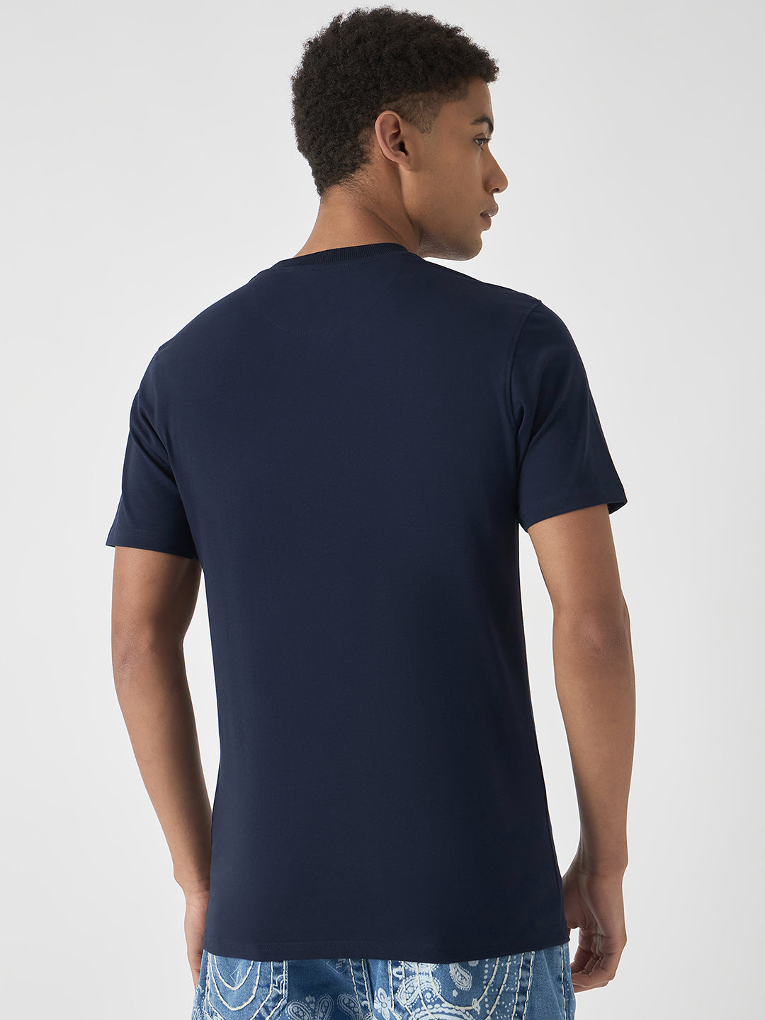 True Religion Men Navy Blue Printed Round Neck Short Sleeves Tshirt