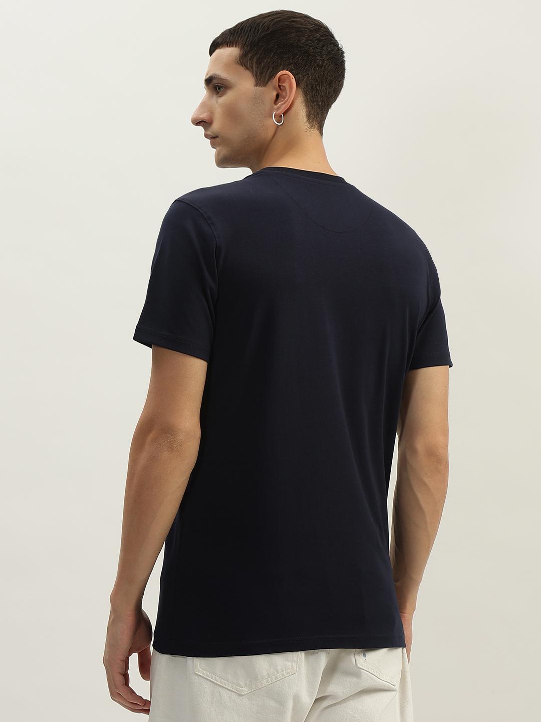Men navy blue printed round neck short sleeves tshirt