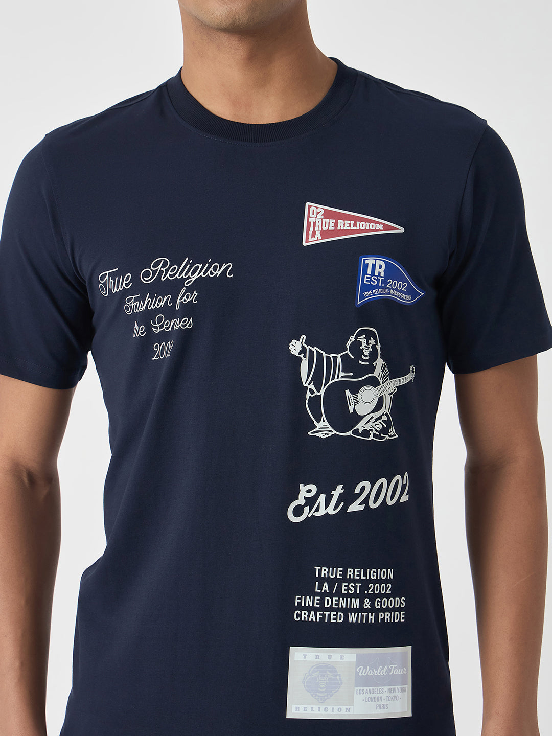 True Religion Men Navy Blue Printed Round Neck Short Sleeves Tshirt