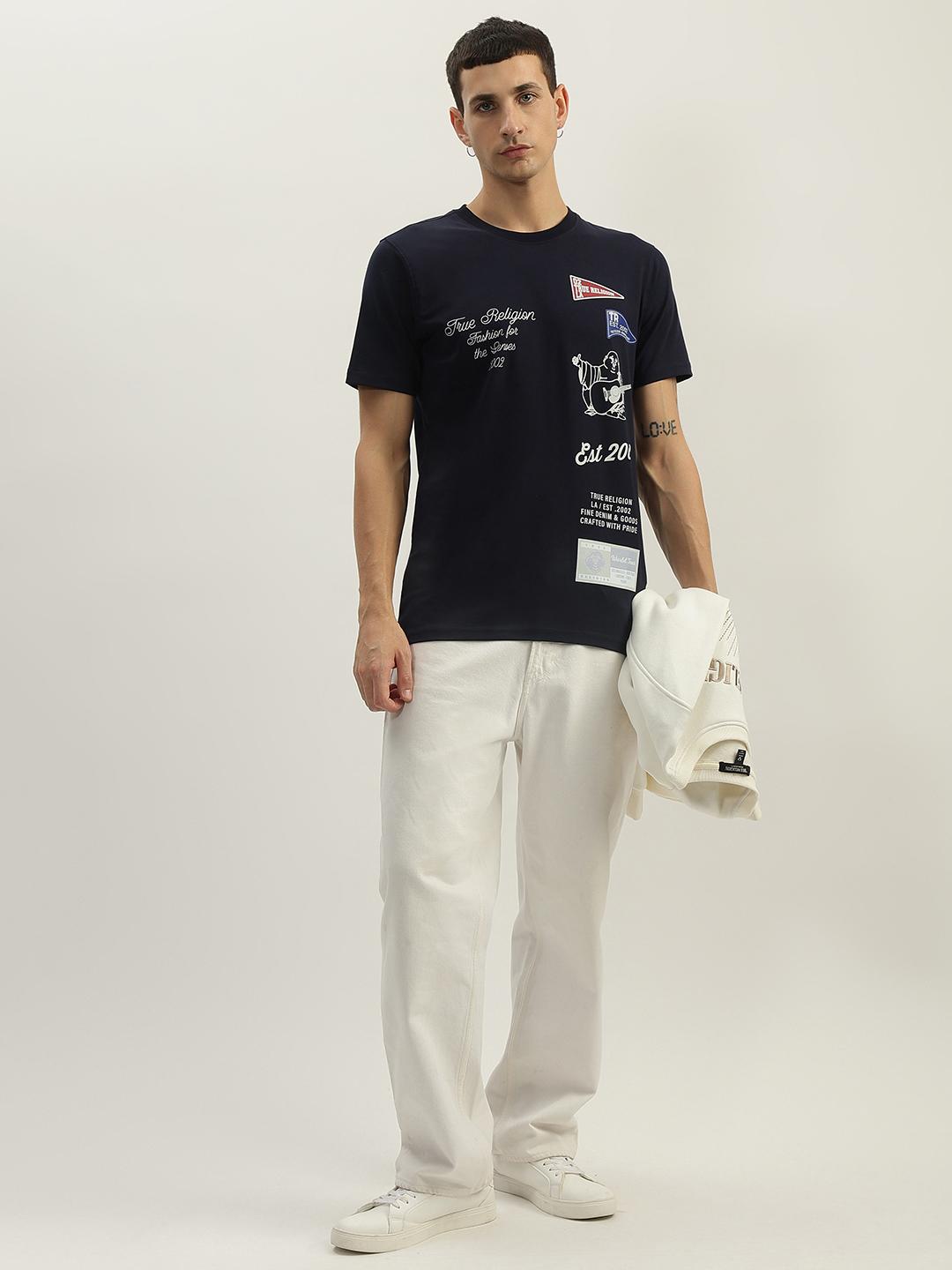 Men navy blue printed round neck short sleeves tshirt