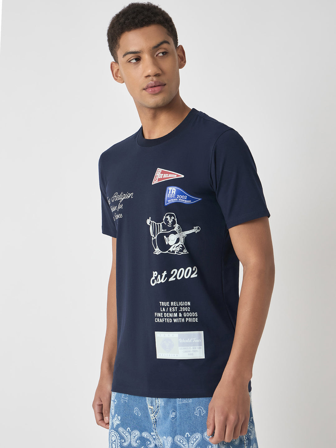 True Religion Men Navy Blue Printed Round Neck Short Sleeves Tshirt