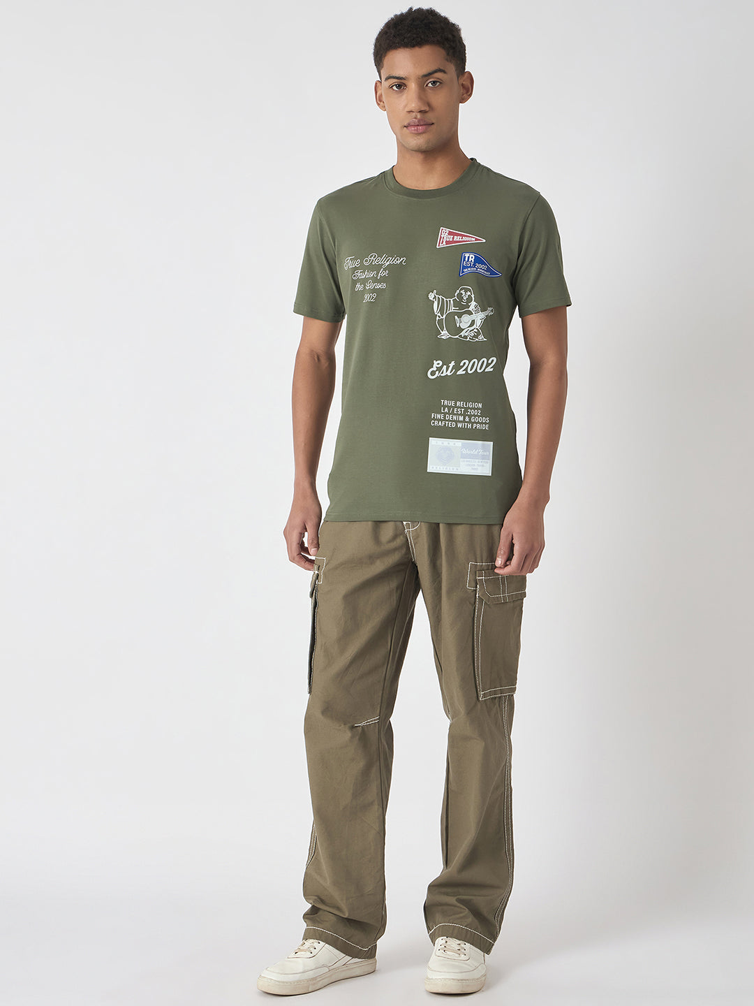 True Religion Men Green Printed Round Neck Short Sleeves Tshirt