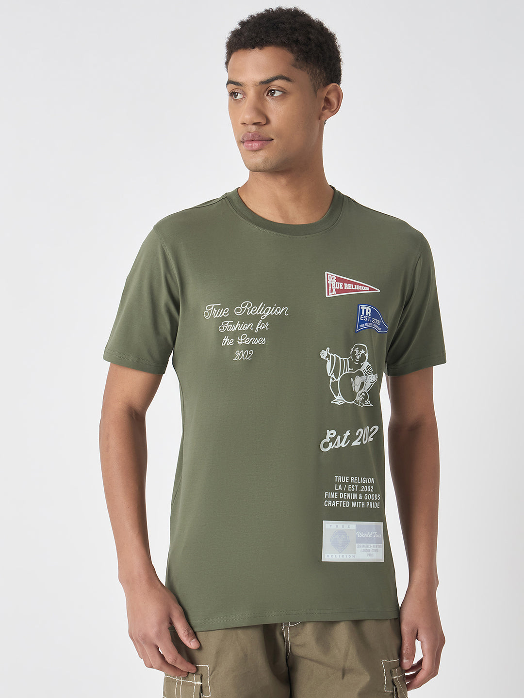 Men green printed round neck short sleeves tshirt
