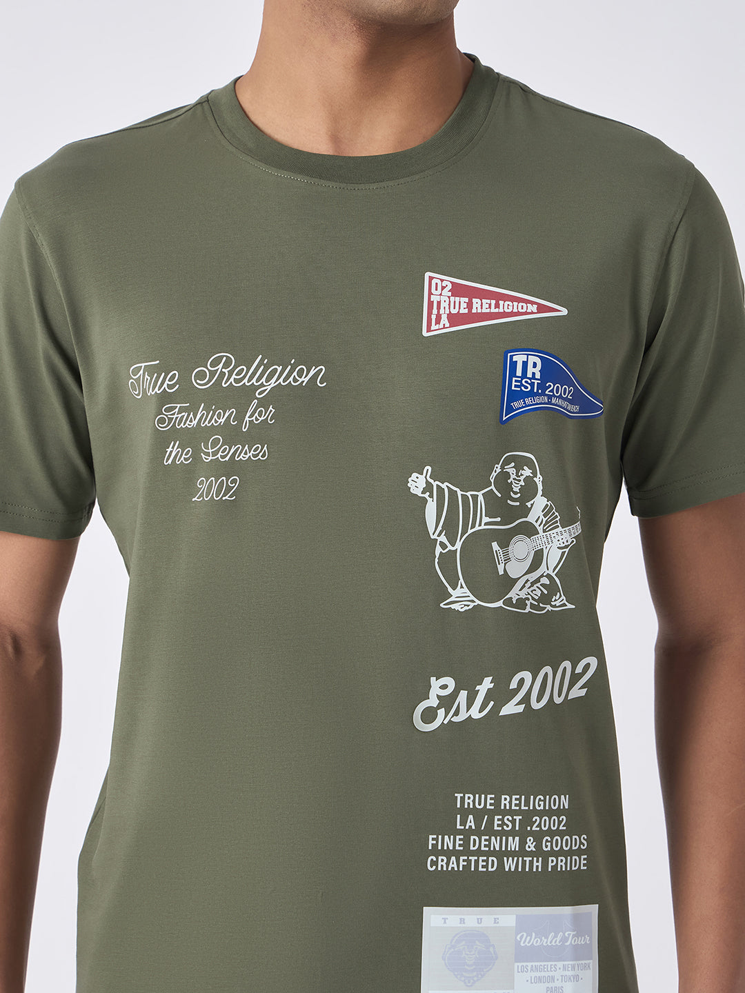 True Religion Men Green Printed Round Neck Short Sleeves Tshirt