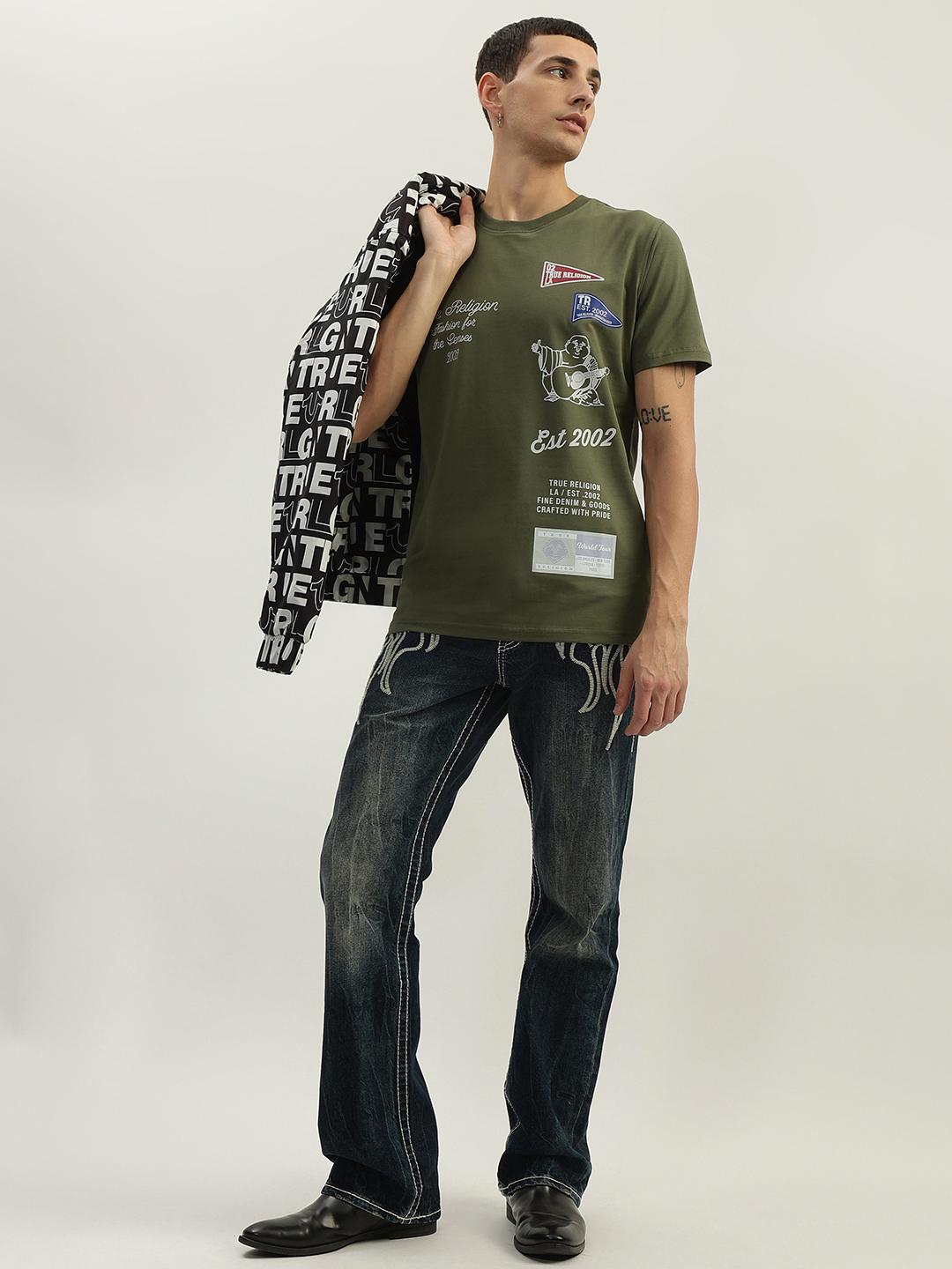 True Religion Men Green Printed Round Neck Short Sleeves Tshirt