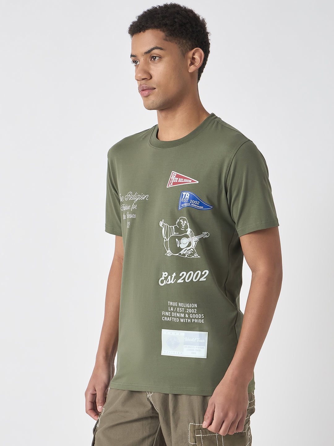 True Religion Men Green Printed Round Neck Short Sleeves Tshirt