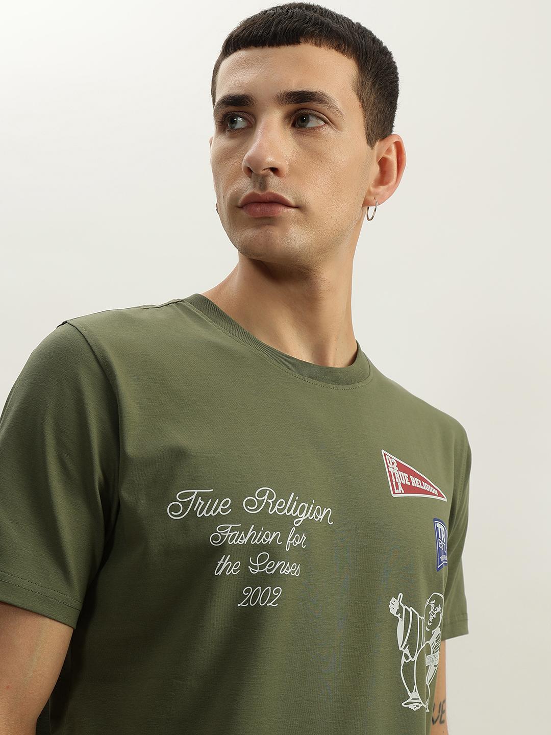 True Religion Men Green Printed Round Neck Short Sleeves Tshirt