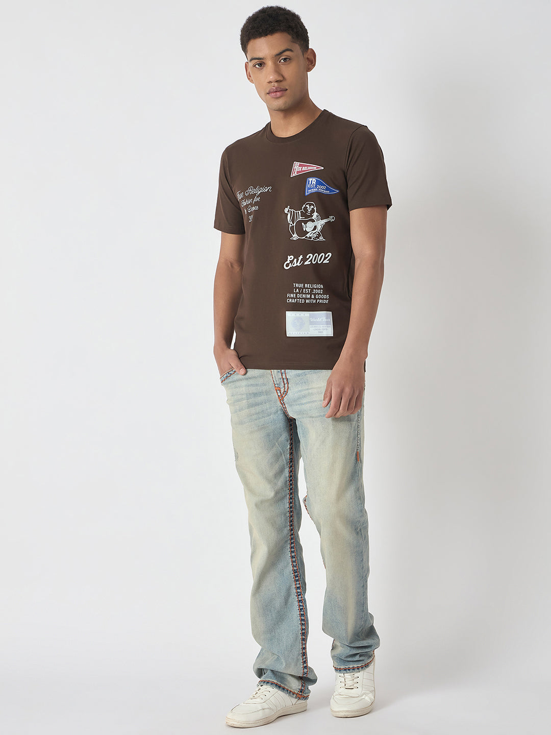 True Religion Men Brown Printed Round Neck Short Sleeves Tshirt