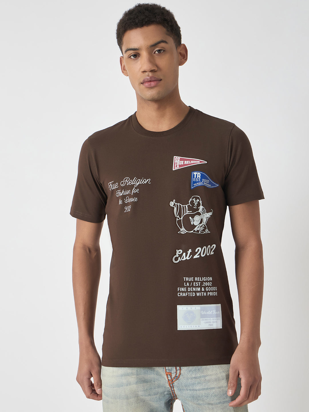 Men brown printed round neck short sleeves tshirt