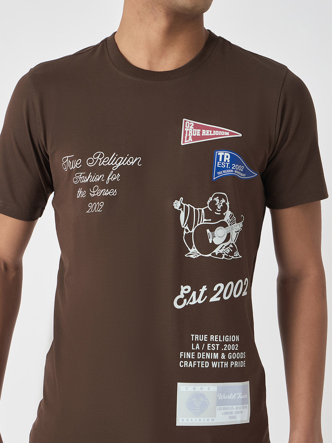 True Religion Men Brown Printed Round Neck Short Sleeves Tshirt