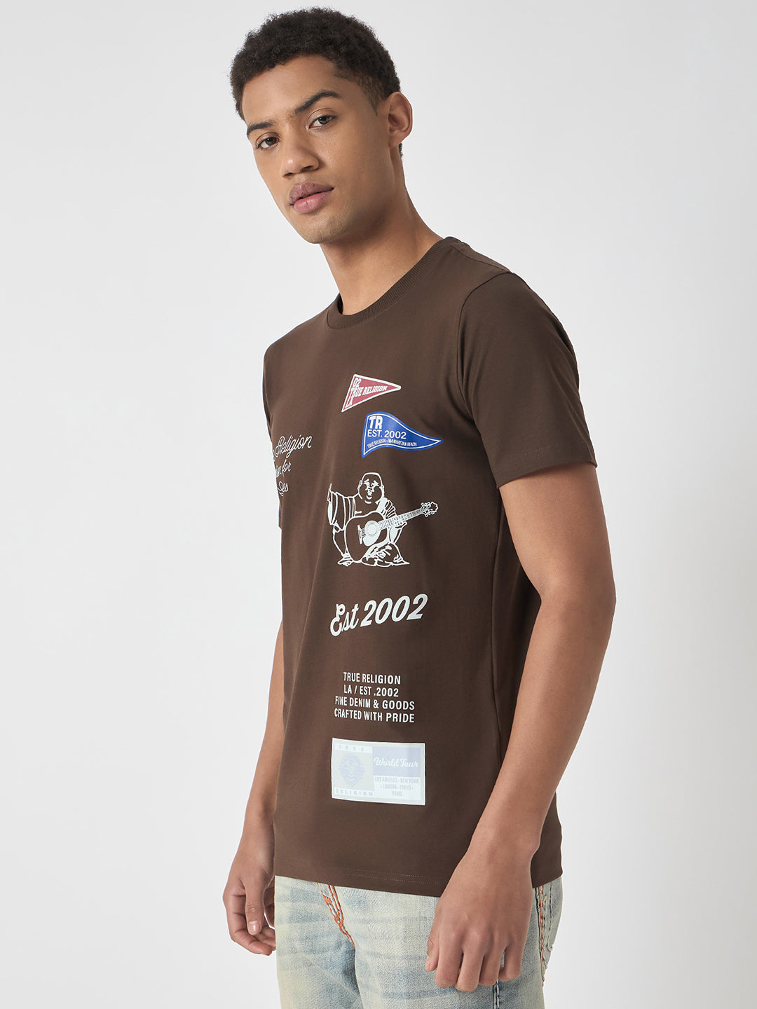 True Religion Men Brown Printed Round Neck Short Sleeves Tshirt