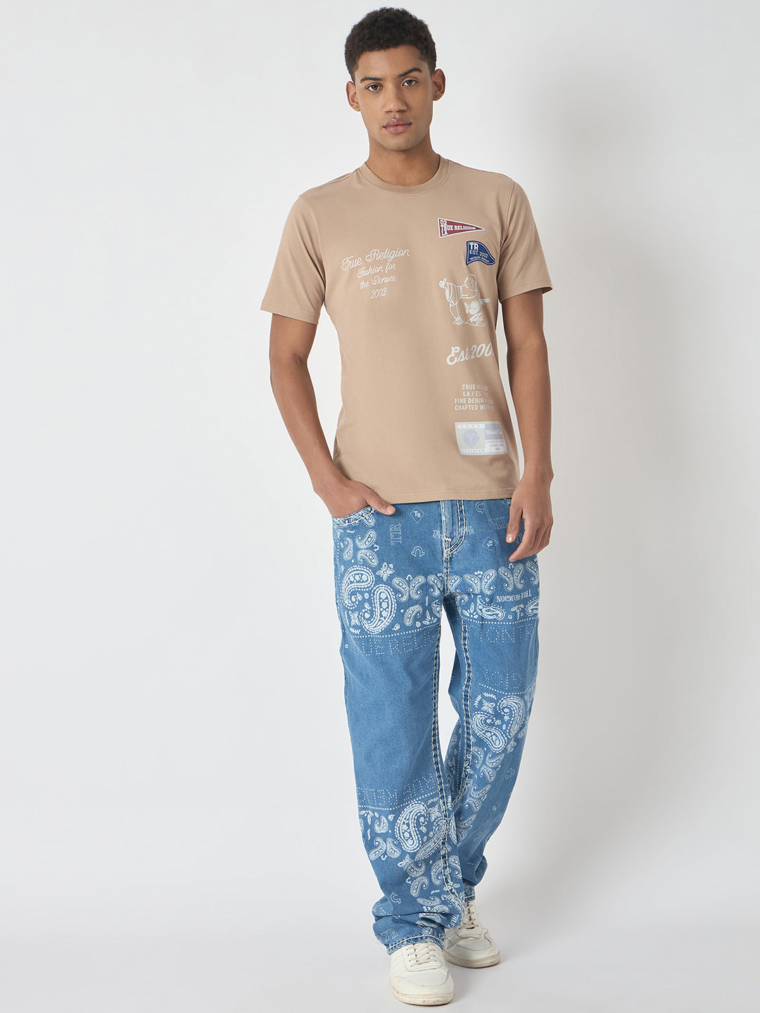 True Religion Men Beige Printed Round Neck Short Sleeves Tshirt
