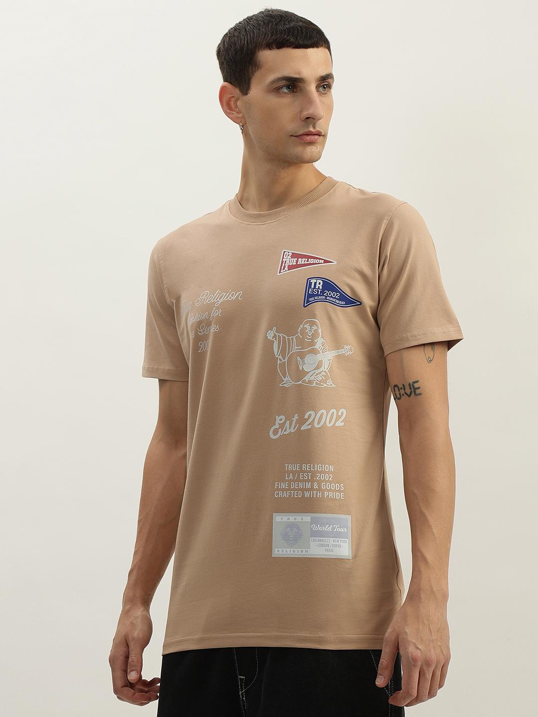 True Religion Men Beige Printed Round Neck Short Sleeves Tshirt