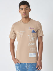 True Religion Men Beige Printed Round Neck Short Sleeves Tshirt