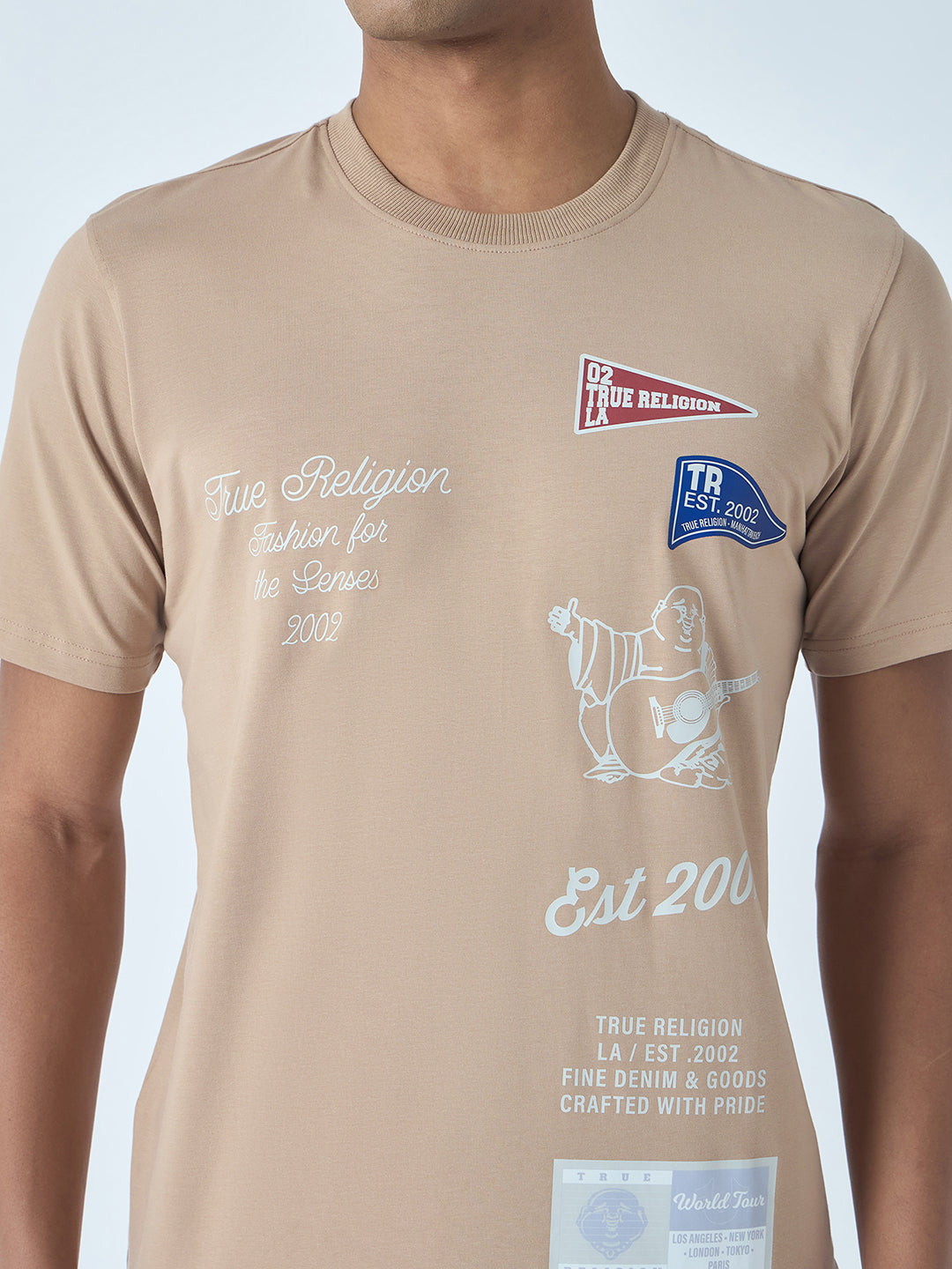 True Religion Men Beige Printed Round Neck Short Sleeves Tshirt