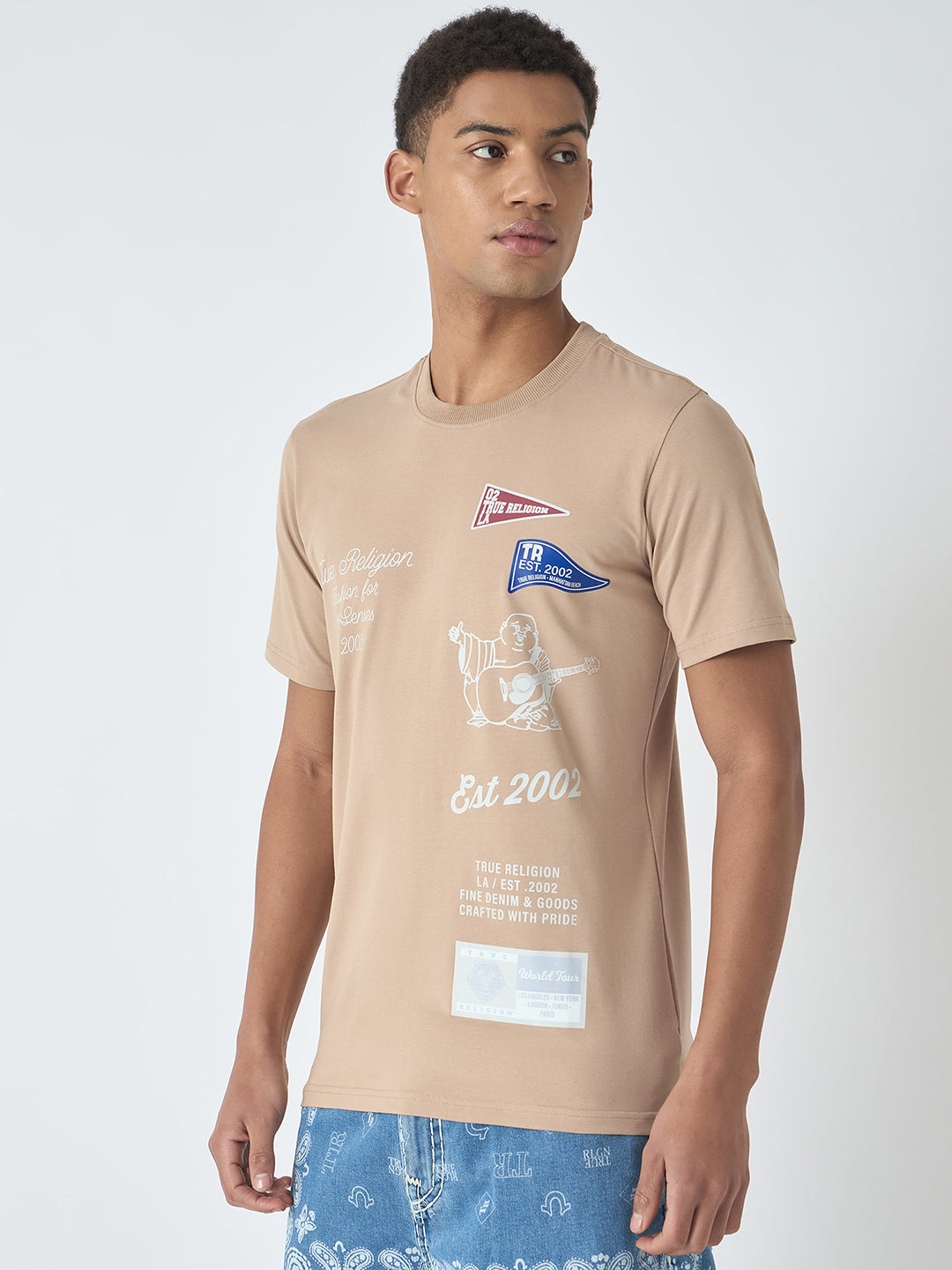 True Religion Men Beige Printed Round Neck Short Sleeves Tshirt