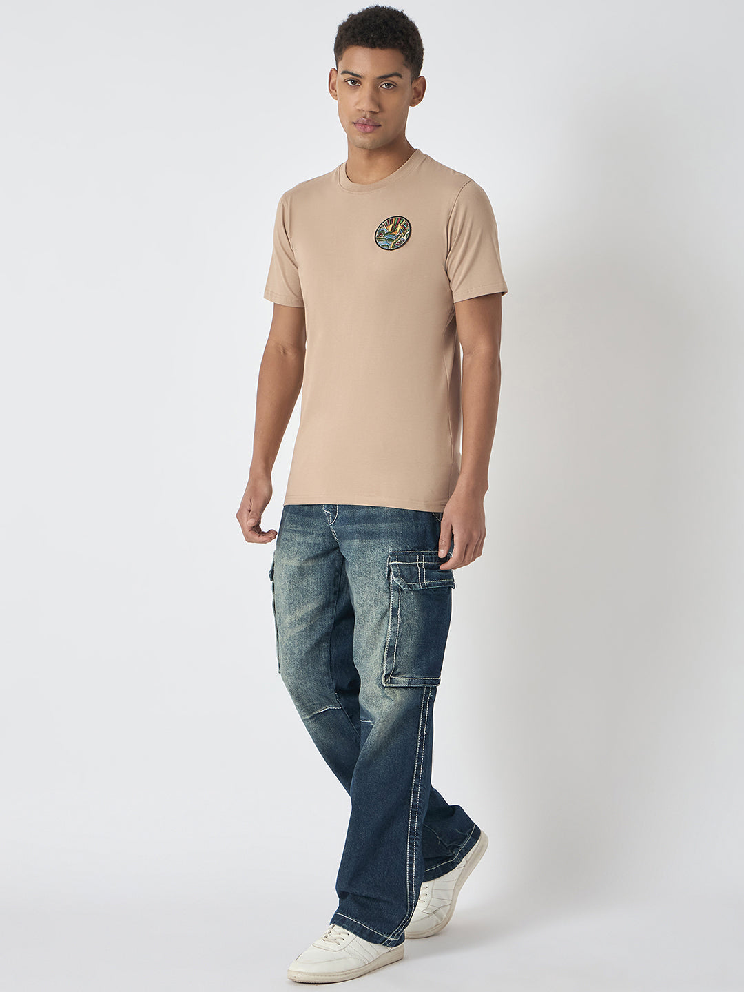True Religion Men Beige Printed Round Neck Short Sleeves Tshirt