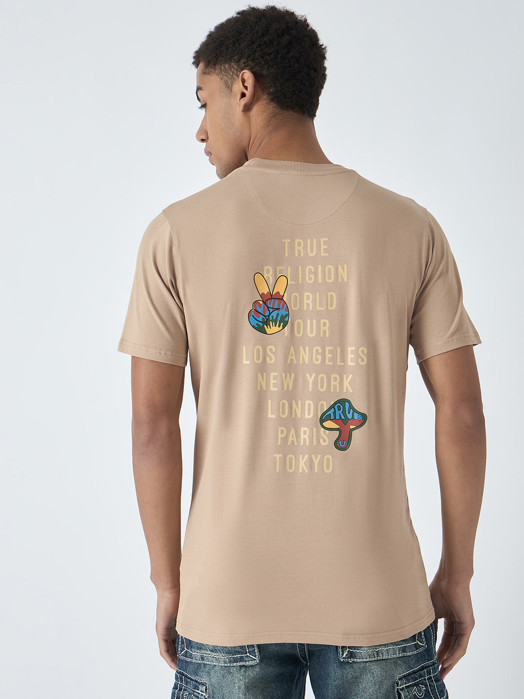 True Religion Men Beige Printed Round Neck Short Sleeves Tshirt