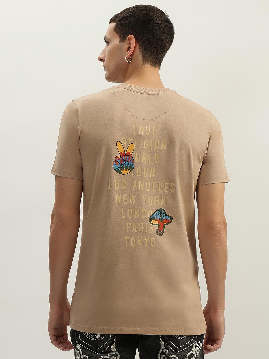 True Religion Men Beige Printed Round Neck Short Sleeves Tshirt