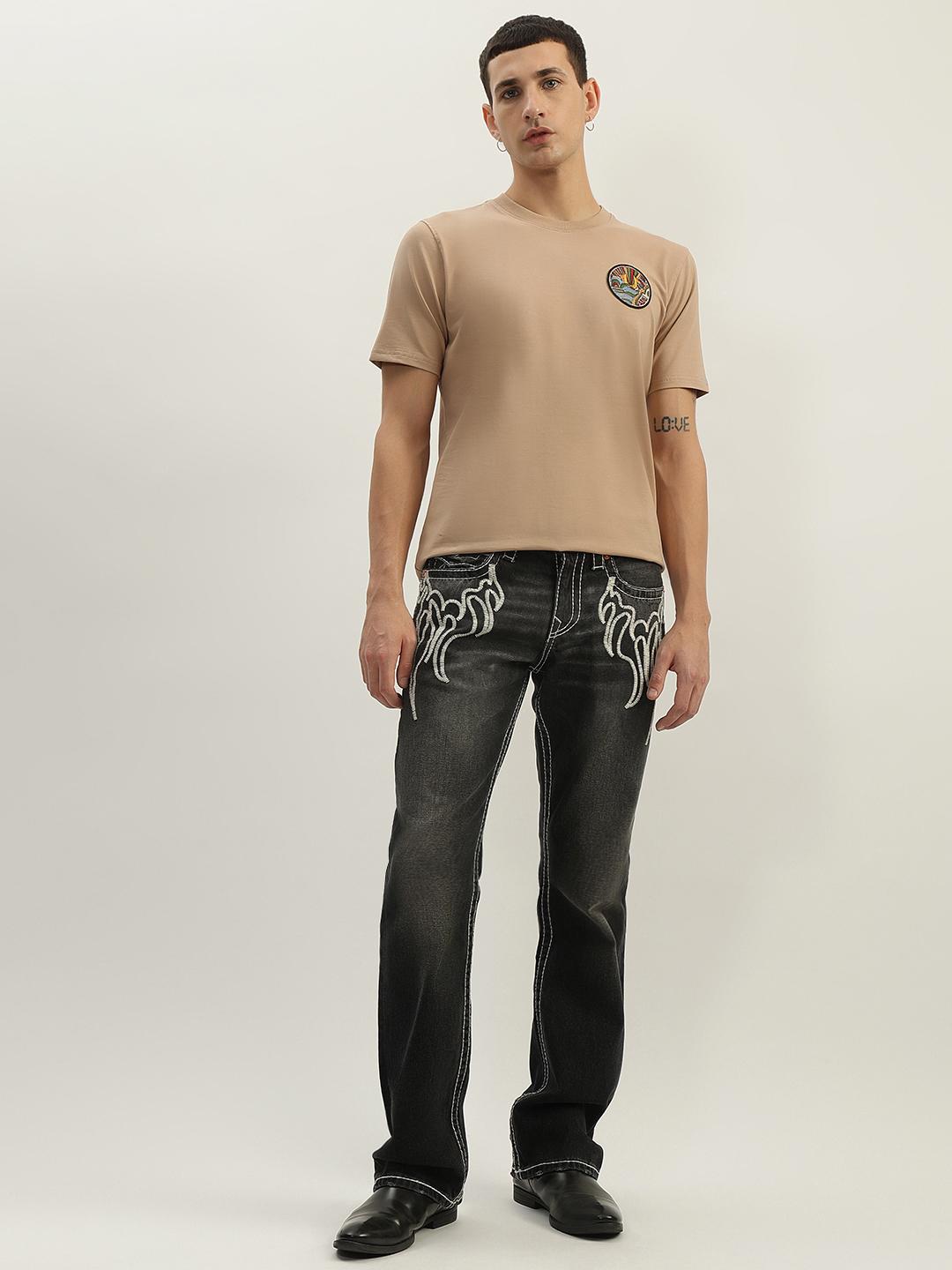 True Religion Men Beige Printed Round Neck Short Sleeves Tshirt